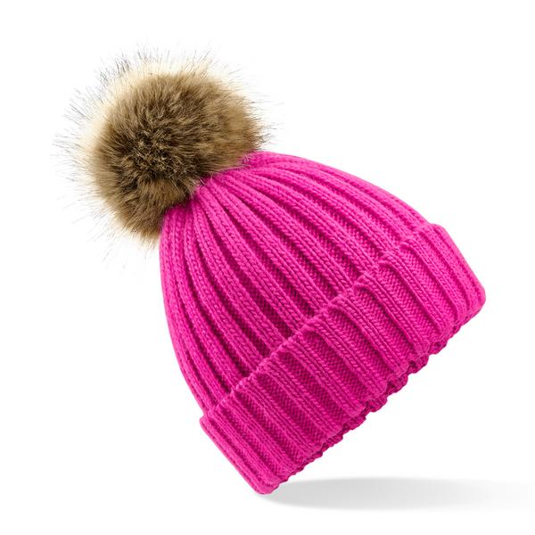 B412 Faux Fur Pop Pom Chunky Beanie